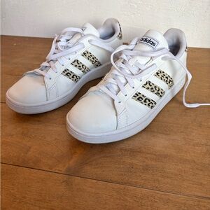 Adidas women’s leopard print White Sneakers with Black Pattern